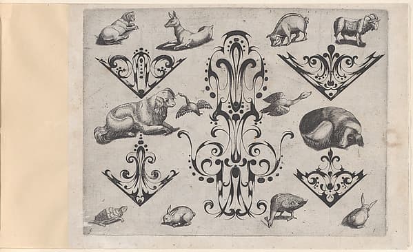 Blackwork Designs with Various Mammals and Birds, Plate 5 from a Series of Blackwork Ornaments combined with Figures, Birds, Animals and Flowers