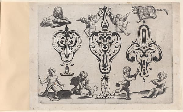 Blackwork Designs with Putti and Felines, Plate 8 from a Series of Blackwork Ornaments combined with Figures, Birds, Animals and Flowers