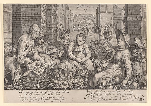 Market Scene in City with the Parable of the Laborers in the Vineyard in the Background