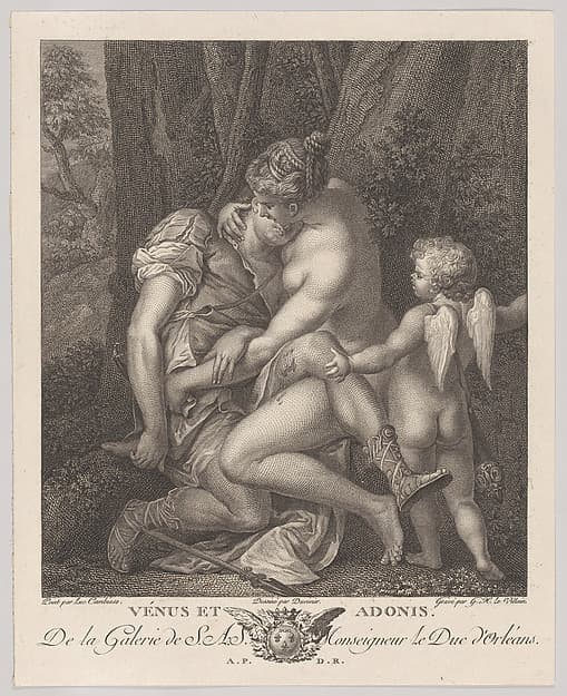 Venus mourning Adonis, seated beneath a tree and embracing him, with Cupid at right