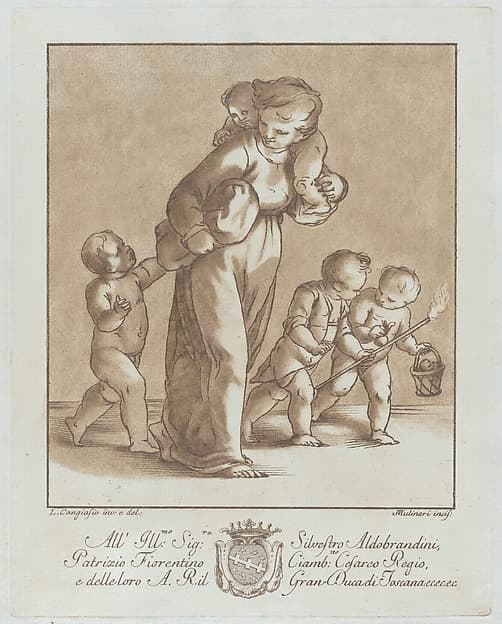 A young girl walks towards the left with one infant on her shoulder and holding another small child's hand, while two children walk at right with a torch and a basket