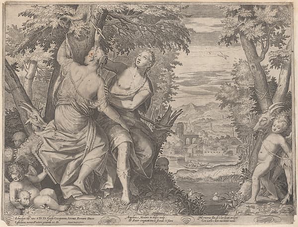 Angelica and Medoro; they stand next to a stream as Medoro carves their names into a tree, a putto is seated at left with a torch and another putto walks towards them with a goat
