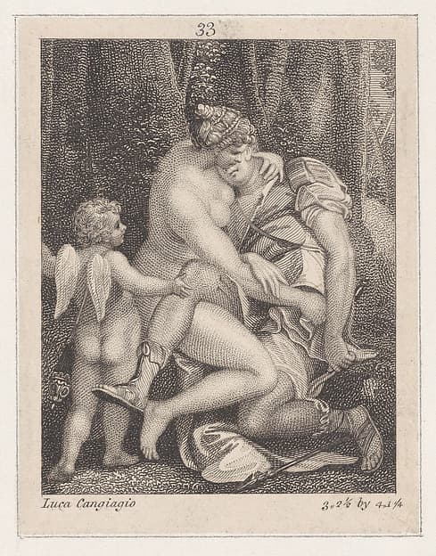 Venus mourning Adonis, seated beneath a tree and embracing him, with Cupid at left
