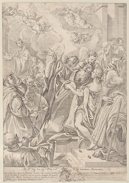 A saint at right, Saint John Nepomuk (?), surrounded by figures, raising his hands towards angels at upper left