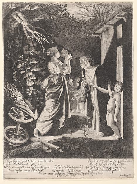 The Mocking of Ceres: a nocturnal scene with Ceres drinking from a jug of water given to her by Stellio at right