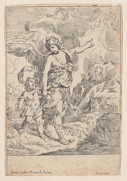 A guardian angel walking hand in hand with a young child
