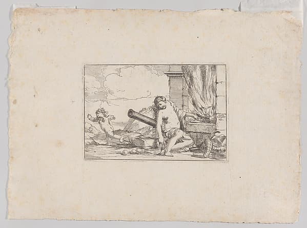 Fire, represented by Venus seated before Vulcan's forge, with armor, a cannon, and cannon balls surrounding her, she turns her head toward Cupid, who stretches his body away from her, from "The Elements"