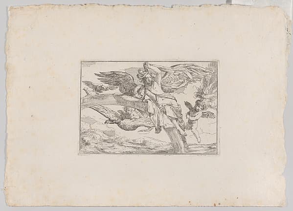 Air, represented by Iris reclining on her rainbow, accompanied by a winged putto bearing a torch and another winged putto riding an eagle, from "The Elements"
