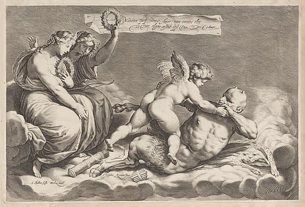 Cupid wrestling with Pan, amongst the clouds, with two allegorical women seated at left