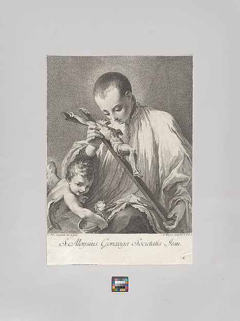 Saint Aloysius Gonzaga holding a crucifix, with an angel holding a crown at left