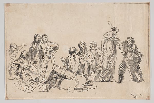 A group of nine women, one at center holds a baby and one at right holds a shepherdess's crook