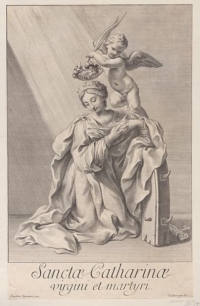 Saint Catherine of Alexandria, kneeling with her elbow resting on the spiked wheel, and an angel crowning her with a flower wreath