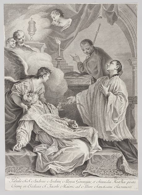 The Death of Saint Andrea Avellino in the presence of Saint Aloysius Gonzaga and Saint Stanislaus Kostka