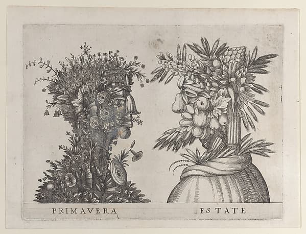 Spring and Summer: two heads made from flora typical of those seasons