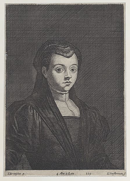 Portrait of a woman in black, with her hair covered by a headdress and a dark veil