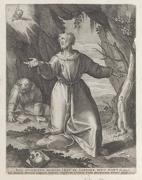 Saint Francis kneeling with his arms outstretched, looking towards a cherub at upper left