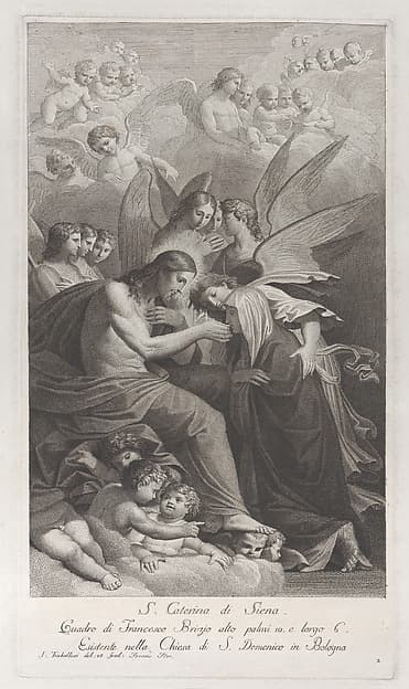 Christ giving the Sacred Host to the kneeling Saint Catherine of Siena, surrounded by various angels