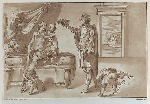 Mars offering a floral wreath to Venus