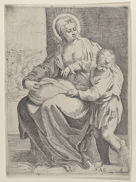 The Virgin seated holding a pillow on her lap with the young Christ standing at right