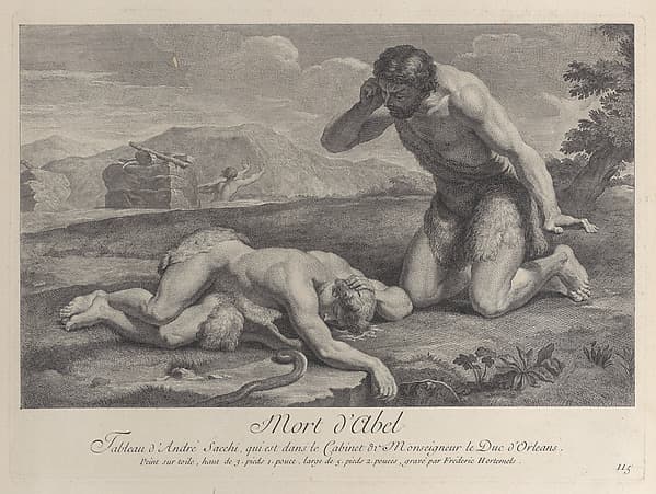 Adam kneels in grief beside the body of Abel, while Cain flees in the background