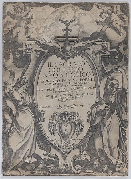 Frontispiece with two figures holding scrolls and cherubs flanking the cartouche at center, from 'The Consecrated Apostolic College' (Il sacrato collegio apostolico)