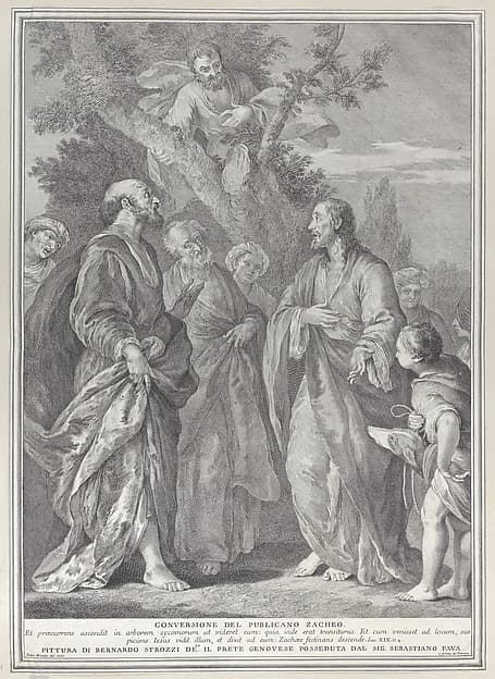 Conversion of Zacchaeus, with Christ at right addressing the tax collector, who is seated in a tree at top center