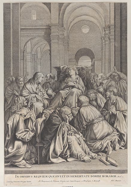 Death of the Virgin, lying on a chair at center, surrounded by Apostles, inside a temple