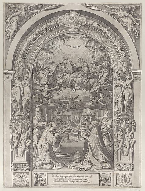 Saints Lawrence, Sixtus, Peter, and Paul adoring the Coronation of the Virgin by Christ above