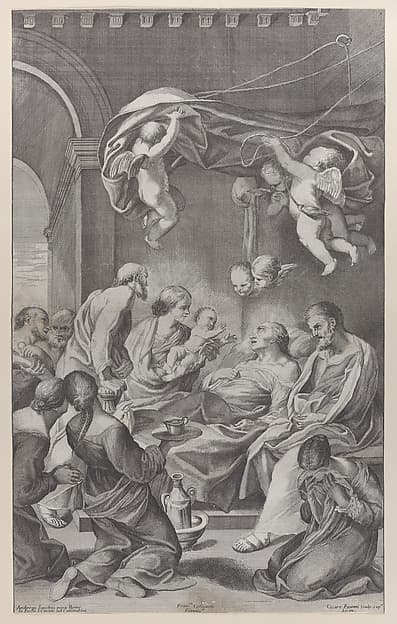 The death of Saint Anne with various family members surrounding her and angels overhead