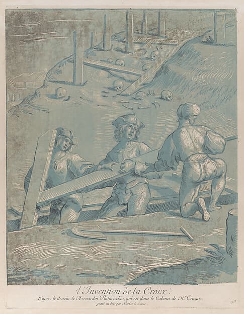 The invention of the cross; three men lifting a cross from a trench; from 'Recueil d'estampes d'après les plus beaux tableaux et d'après les plus beaux desseins qui sont en France, Cabinet Crozat' after a drawing by Pinturicchio