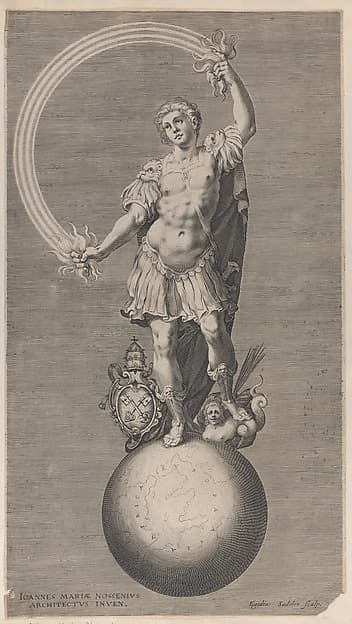 Allegorical figure of a warrior standing on a globe with the papal coat of arms at his feet