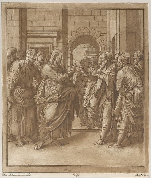 Christ standing before an entrance to a city surrounded by apostles addressing a group of men at right