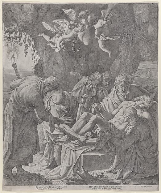 Christ being laid into the sepulcher as the Virgin stands weeping behind