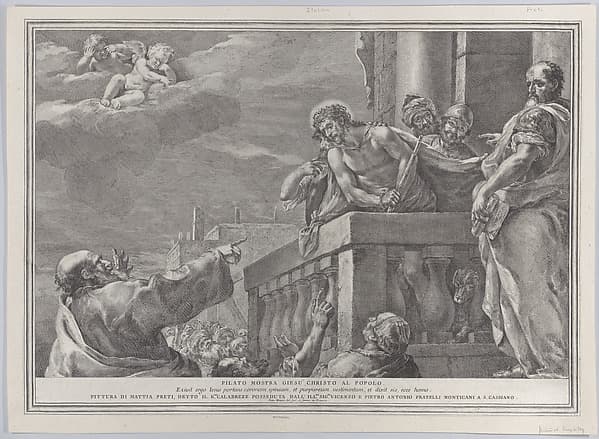 Christ on a balcony surrounded by guards, Pilate stands to the right gesturing toward him; from the series of 112 prints of the sacred history, after the painting by Mattia Preti
