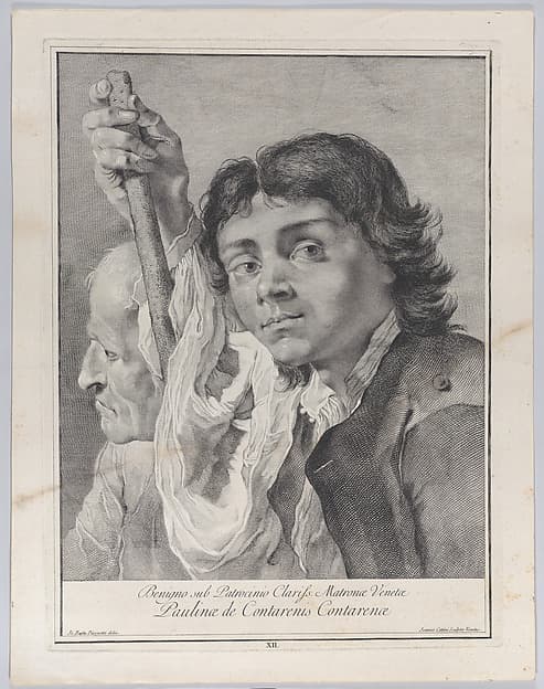 Plate 12: A young man leaning on a staff looking outward, with an old man behind to his right; from 'Icones ad vivum expressae' after Giovanni Battista Piazzetta