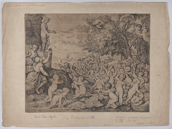Putti before a statue of Venus; after Titian