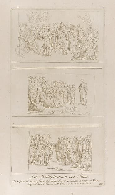 Three separate studies for the miracles of the loaves, showing Christ standing in different positions surrounded by a large crowd; from 'Recueil d'estampes d'après les plus beaux tableaux et d'après les plus beaux desseins qui sont en France, Cabinet Crozat' after drawings by Perino del Vaga