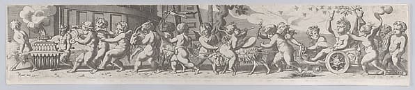 The triumph of the infant Bacchus, who is being pulled along in a chariot by putti playing musical instruments