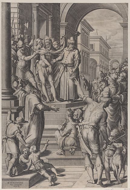 Christ presented to the people by Pilate, standing atop stairs at left with a crowd at right