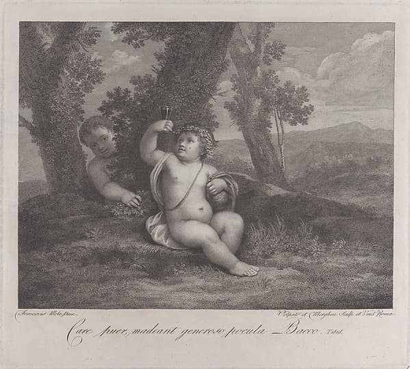 The infant Bacchus seated under a tree, holding up a wine glass, with another infant behind him at left