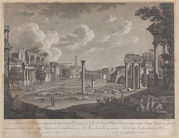 View of the Campo Vaccino, with the Colosseum in the background and the ruins of the Temple of Castor and Pollux at right
