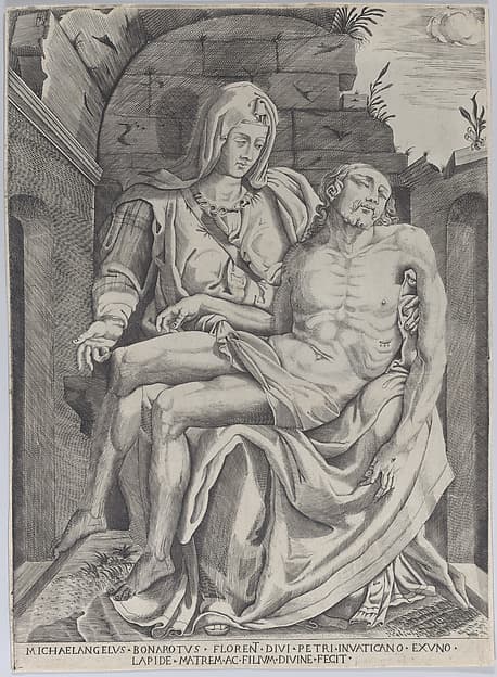 Pietà, set against an arched ruin