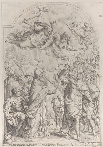 Pope Leo repulses Atilla from the gates of Rome and points to Saints Peter and Paul overhead