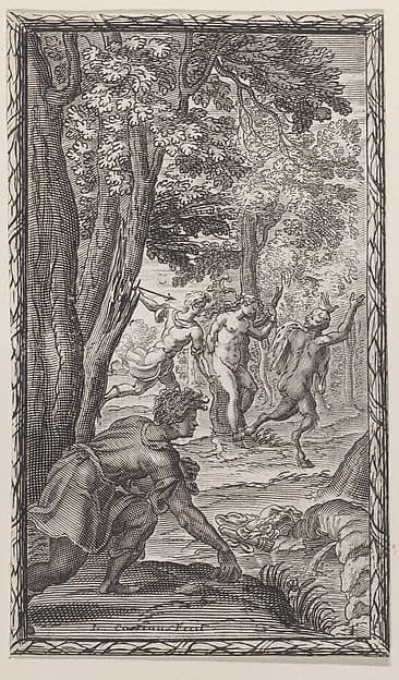 Landscape with a man driving a satyr away from a nymph bound to a tree