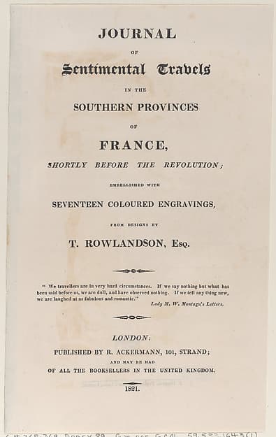 Title page, from "Journal of Sentimental Travels in the Southern Provinces of France, Shortly Before the Revolution"