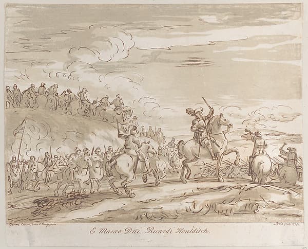 Cavalry advancing to the charge, with a central figure on horseback raising a sword