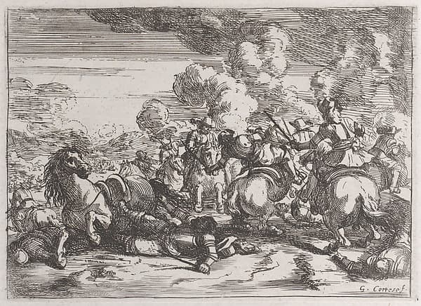 Plate 5: the wounded chief commander lies on the ground, while the battle goes on at right