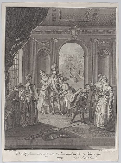 Plate 17: Don Quixote is served by the ladies of the Duchess (Don Quichotte est servi par les Demoiselles de la Duchesse)