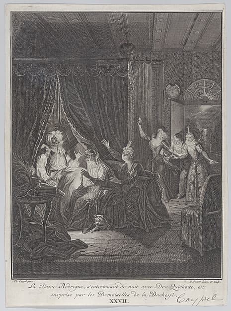 Plate 27: Doña Rodriguez, who is speaking at night with Don Quixote, is surprised by the ladies of the Duchess (La Dame Rodrigue, s'entretenant de nuit avec Don Quichotte, est suprise par les Demoiselles de las Duchesse)