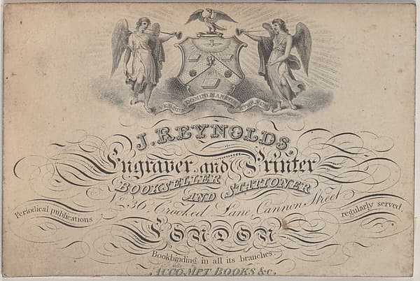 Trade Card for J. Reynolds, Engraver, Printer, Bookseller, and Stationer